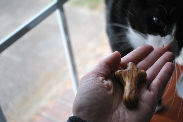 Taking photos without the aid of a curious cat just isn't a good photo. I'm grateful to Dr. Andrew Zirschky for bringing our Youth Ministry class crosses from Israel as token gifts. 