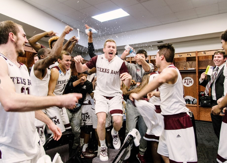 Texas A&M celebrates after a double-overtime comeback win over Northern Iowa on Sunday night in the NCAA Tournament. The Aggies remind us all to never give up. Photo by Thomas Campbell/Texas A&M Athletics